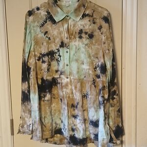 True Craft Tie-Dye Blouse Mint And Browns 0X XL, Long Sleeve Flowy Boho Hippie